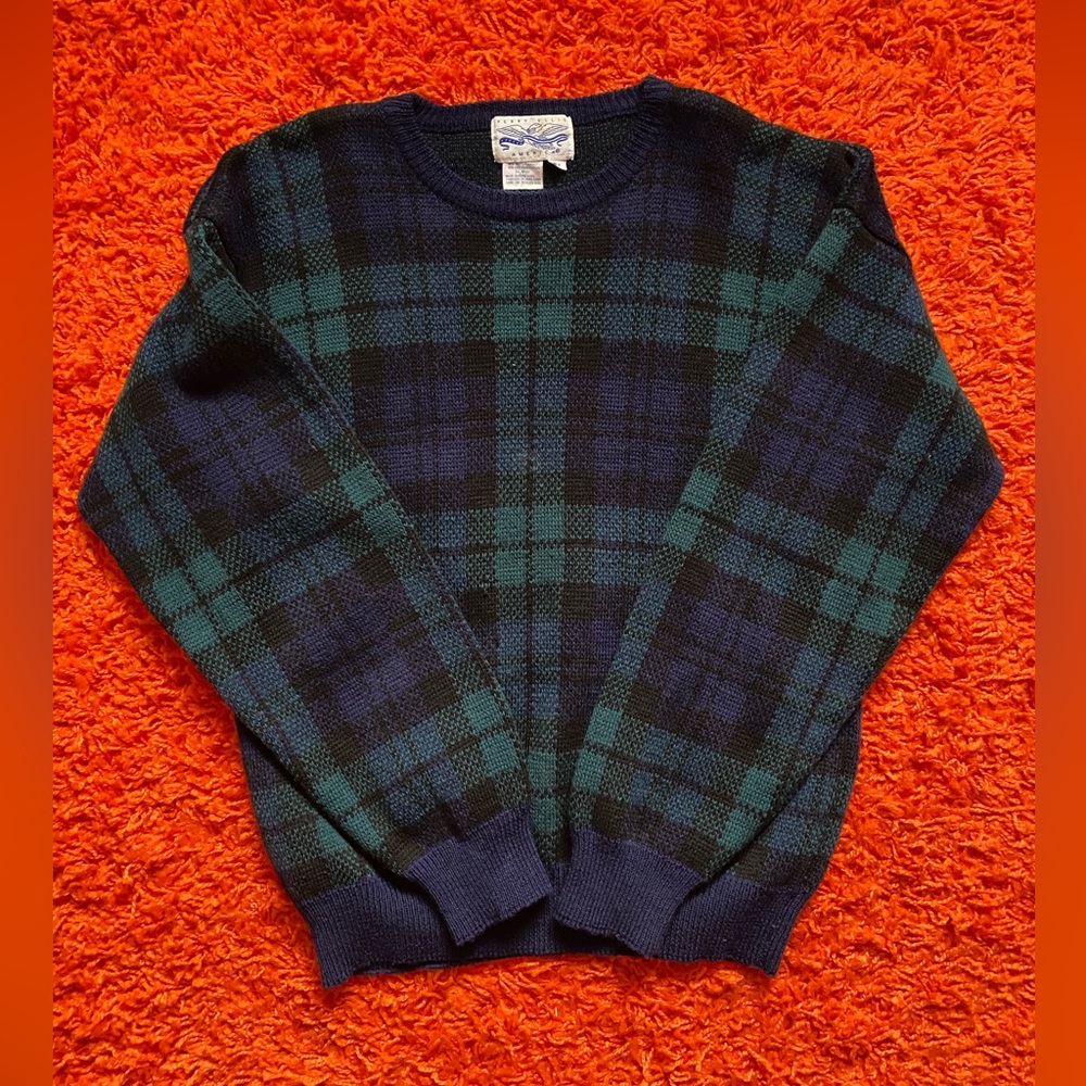 Vintage Green and Blue Plaid Knit Wool Sweater